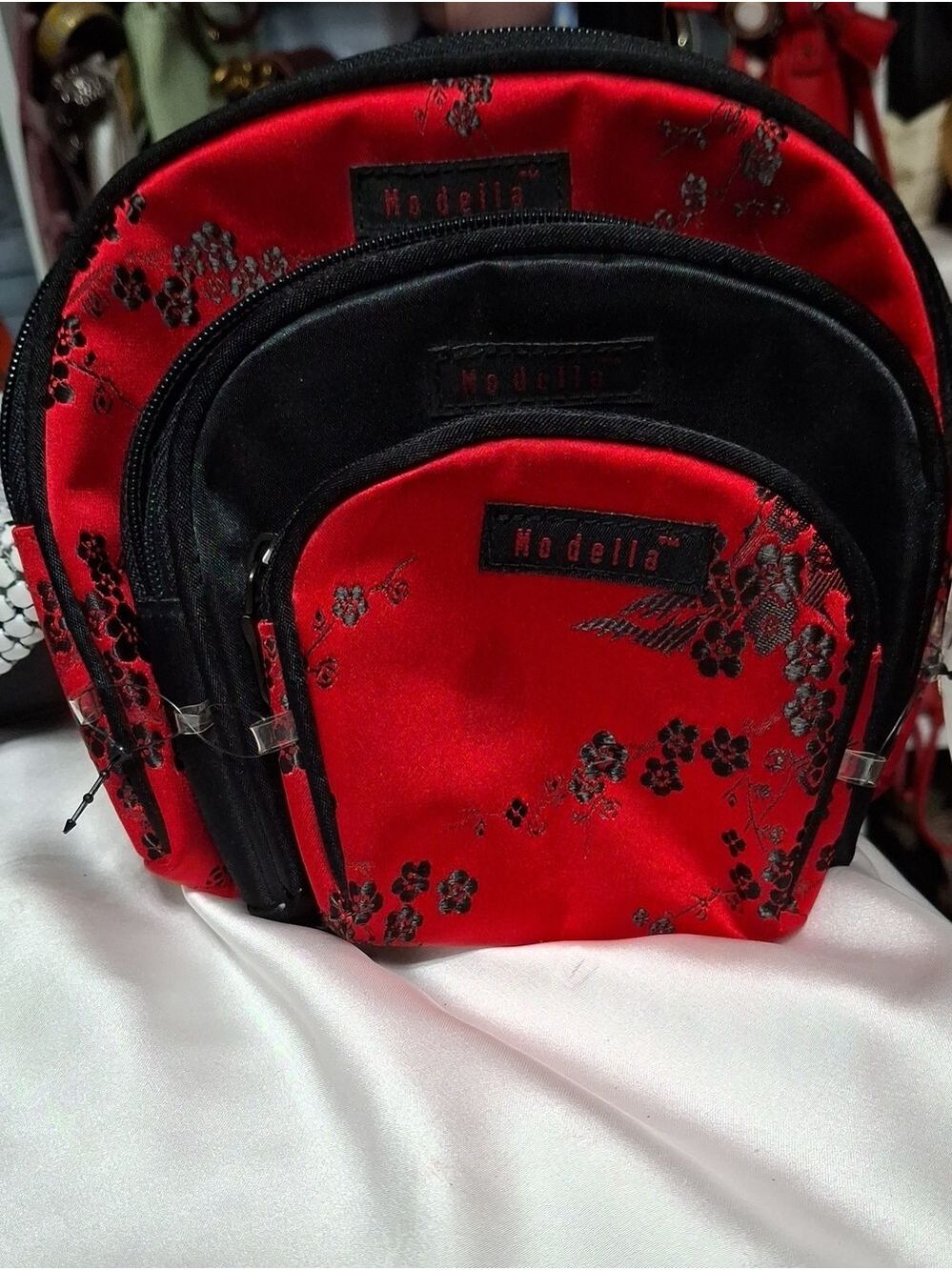 Modella Red and Black Floral Satin 3pc Cosmetics Bags. Nwt